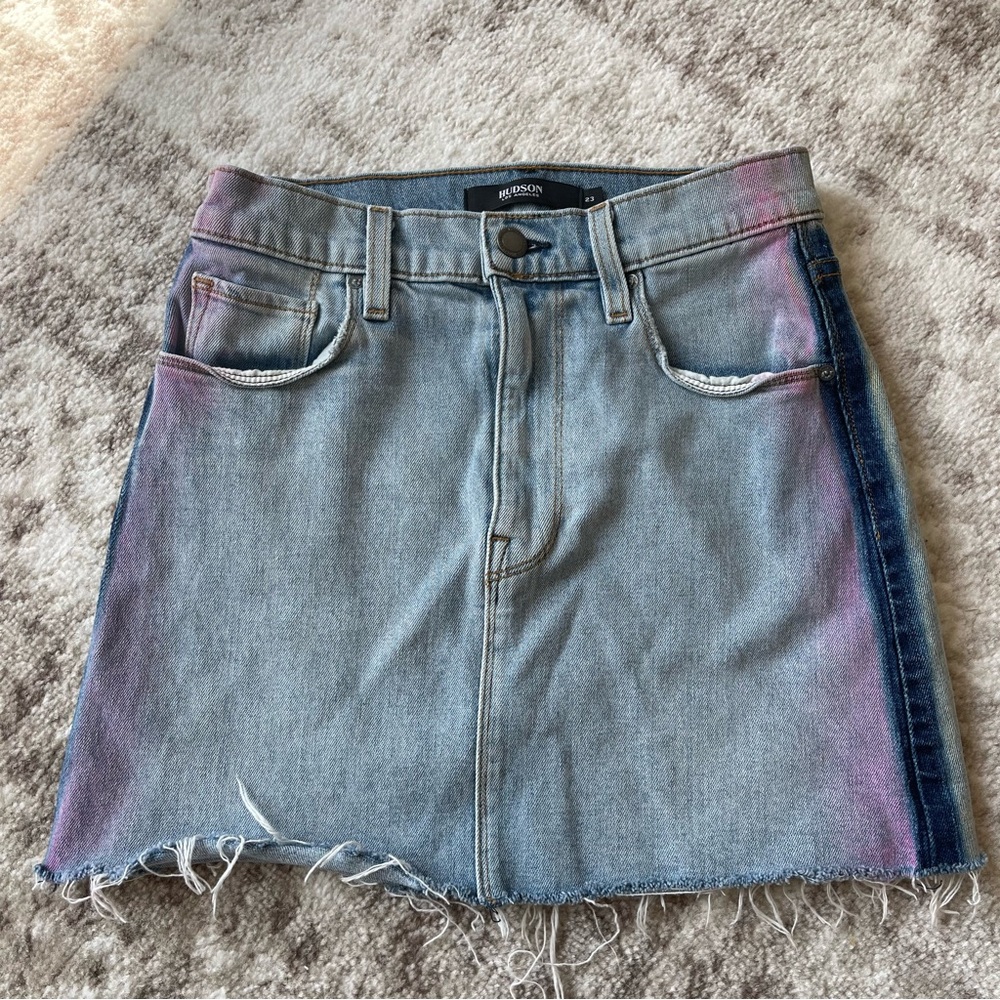 HUDSON Viper Mini Rainbow Stripe Raw Hem Denim Skirt Sz 23‎
